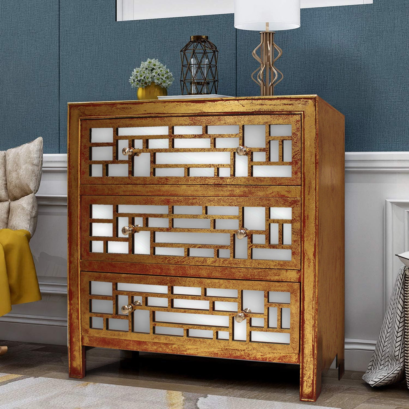 Gold 3 Drawer Vintage Wooden - Cabinet