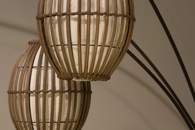Three Light Arc Lamp in Bronze Metal with Brown Cane Barrel Shape