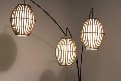 Three Light Arc Lamp in Bronze Metal with Brown Cane Barrel Shape