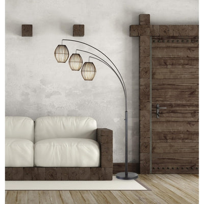 Three Light Arc Lamp in Bronze Metal with Brown Cane Barrel Shape