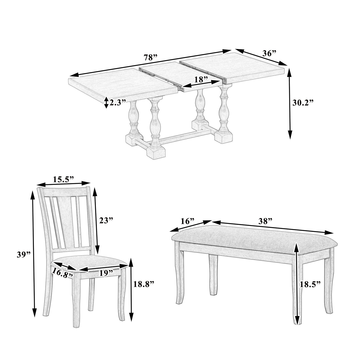 Traditional 6-Piece 78inch Trestle Extendable Dining Table Set with
